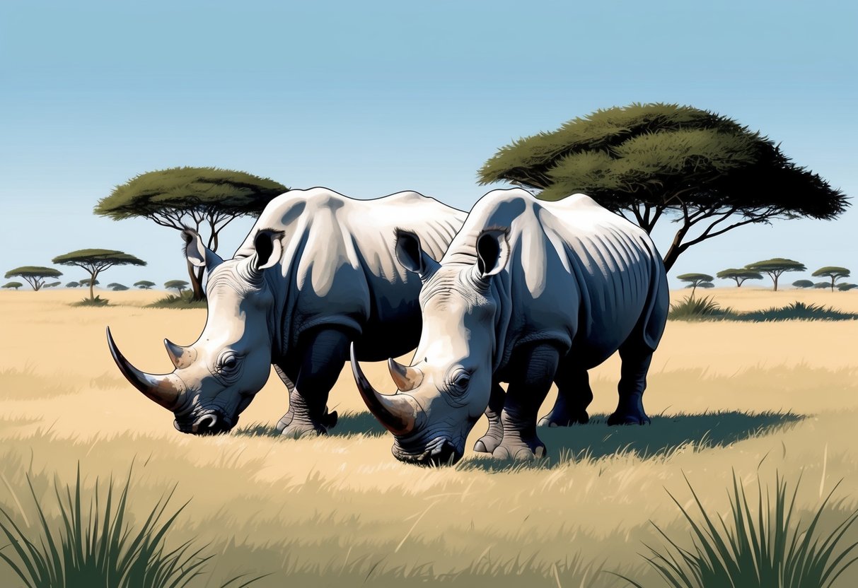 Two white rhinos grazing in a grassy savannah, with a few scattered trees in the background