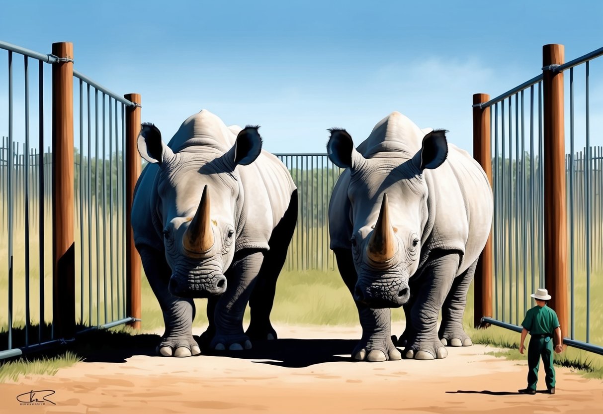 Two white rhinos in a secure enclosure, surrounded by tall fences and under the watchful eye of conservationists