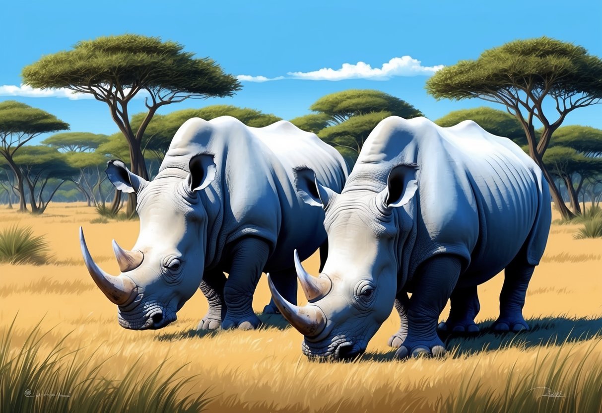 Two white rhinos grazing in a grassy savanna, with a backdrop of trees and a clear blue sky