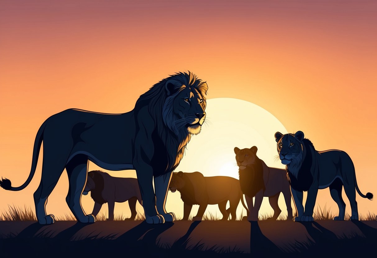 A lioness stands guard over her pride, her powerful form silhouetted against the setting sun, ready to protect the strongest animal in the savannah