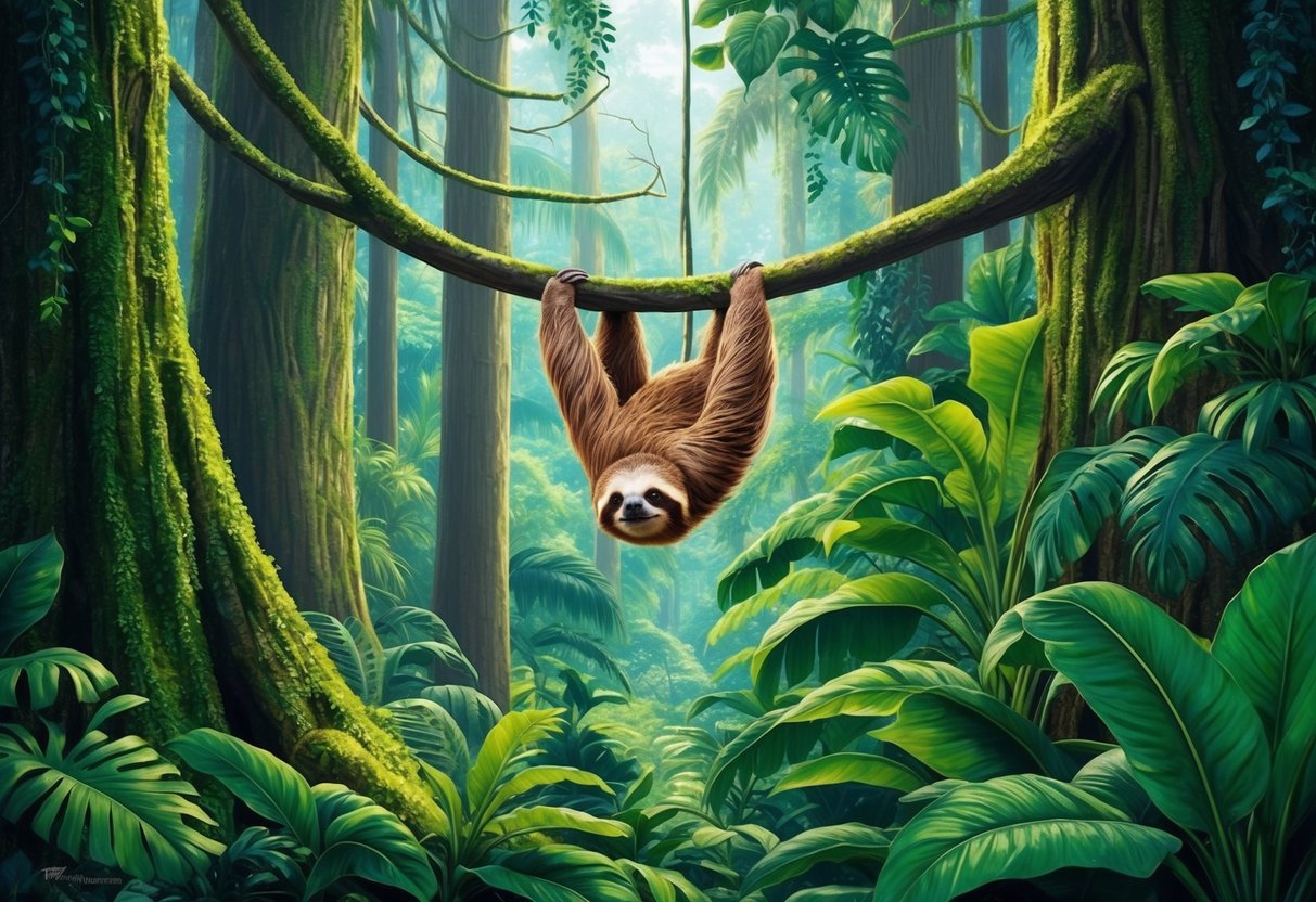 A lush rainforest with tall trees and dense foliage, where a three-toed sloth hangs upside down from a branch, surrounded by vibrant greenery