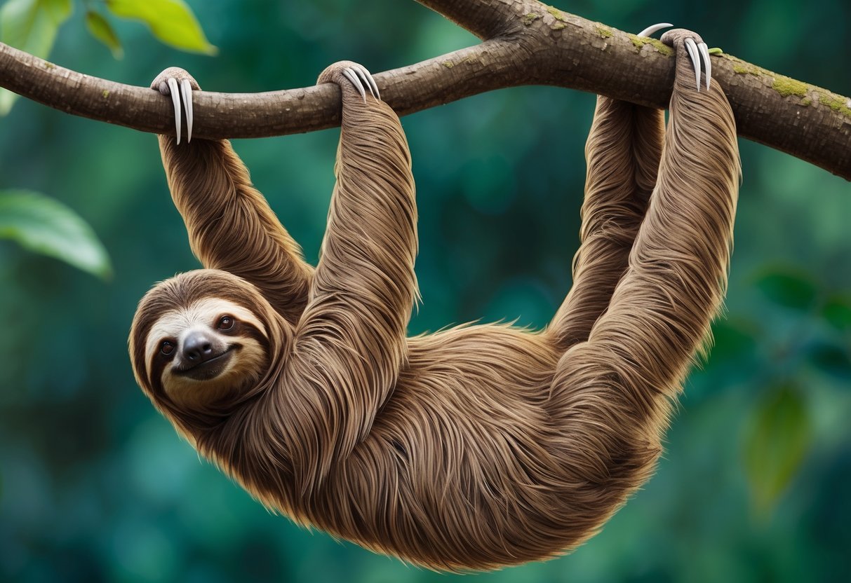 A three-toed sloth hangs from a tree branch, its long limbs and hook-like claws gripping the bark.</p><p>Its slow movements and relaxed expression depict its adaptation to arboreal life