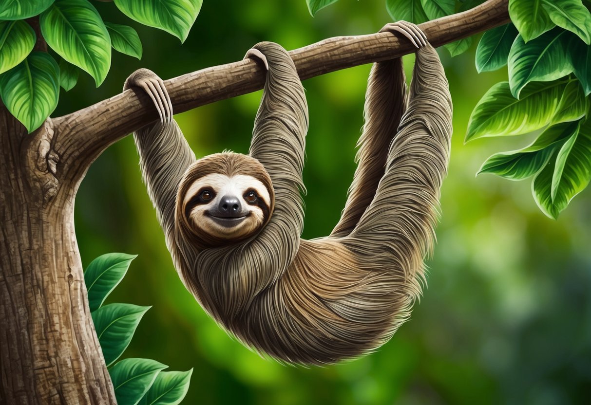 A three-toed sloth hangs from a tree, surrounded by lush green foliage.</p><p>Its peaceful expression contrasts with the threats to its conservation