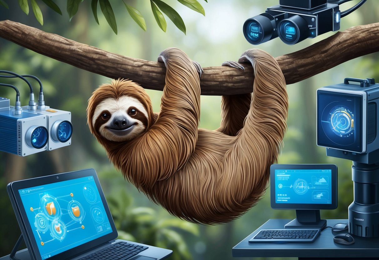 A three-toed sloth peacefully hangs from a branch, surrounded by high-tech research equipment and technology