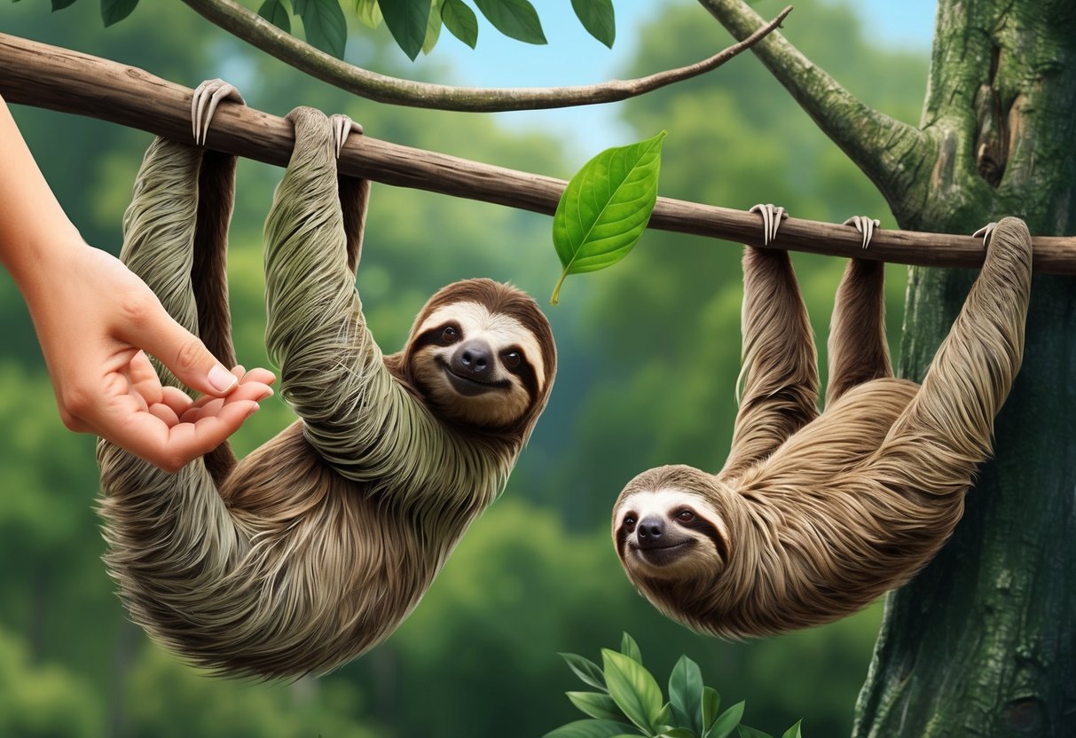 A three-toed sloth hangs from a tree branch, reaching out to accept a leaf from a human hand.</p><p>Nearby, another sloth lounges in the treetops