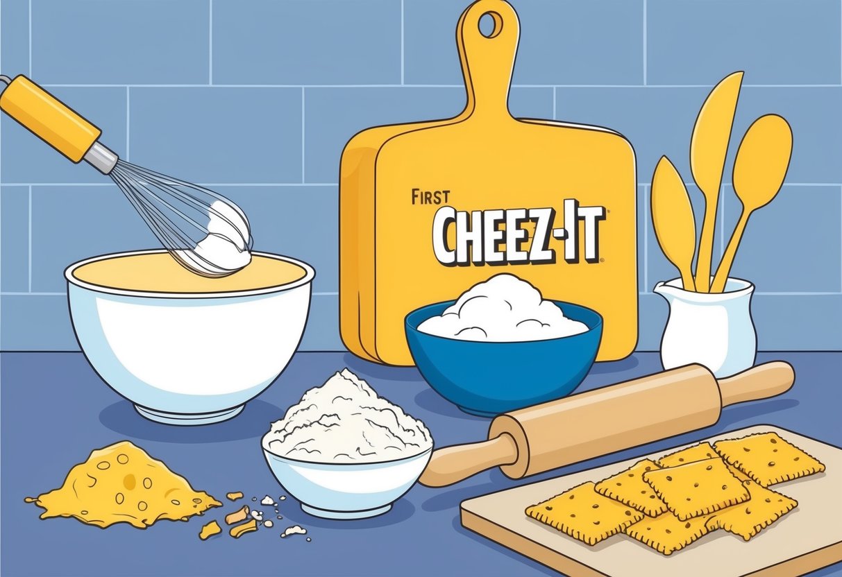 A kitchen counter with a mixing bowl, flour, cheese, and a rolling pin.</p><p>Ingredients are being combined to create the first Cheez-It crackers