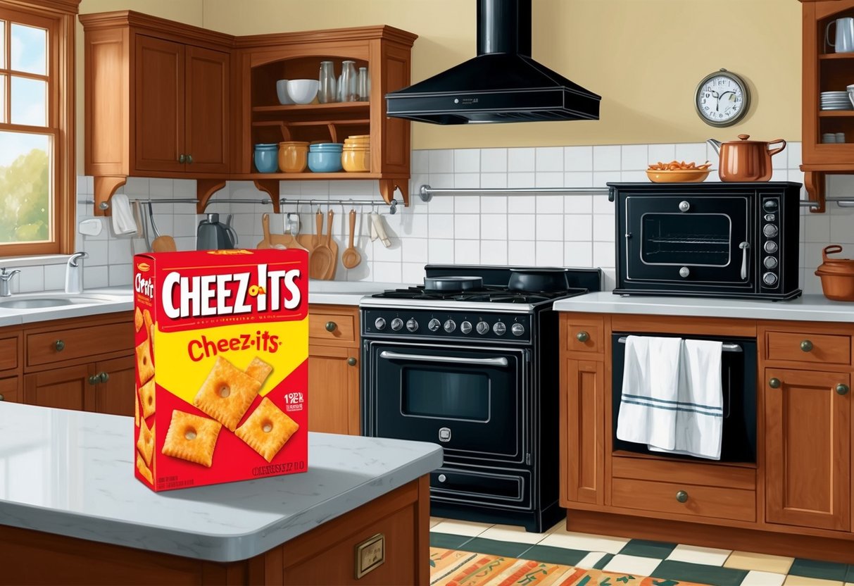 A kitchen in 1921 with a box of Cheez-Its on the counter next to a vintage oven