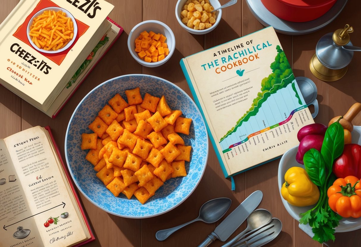 A kitchen table with a bowl of Cheez-Its, a vintage cookbook, and a timeline of culinary history