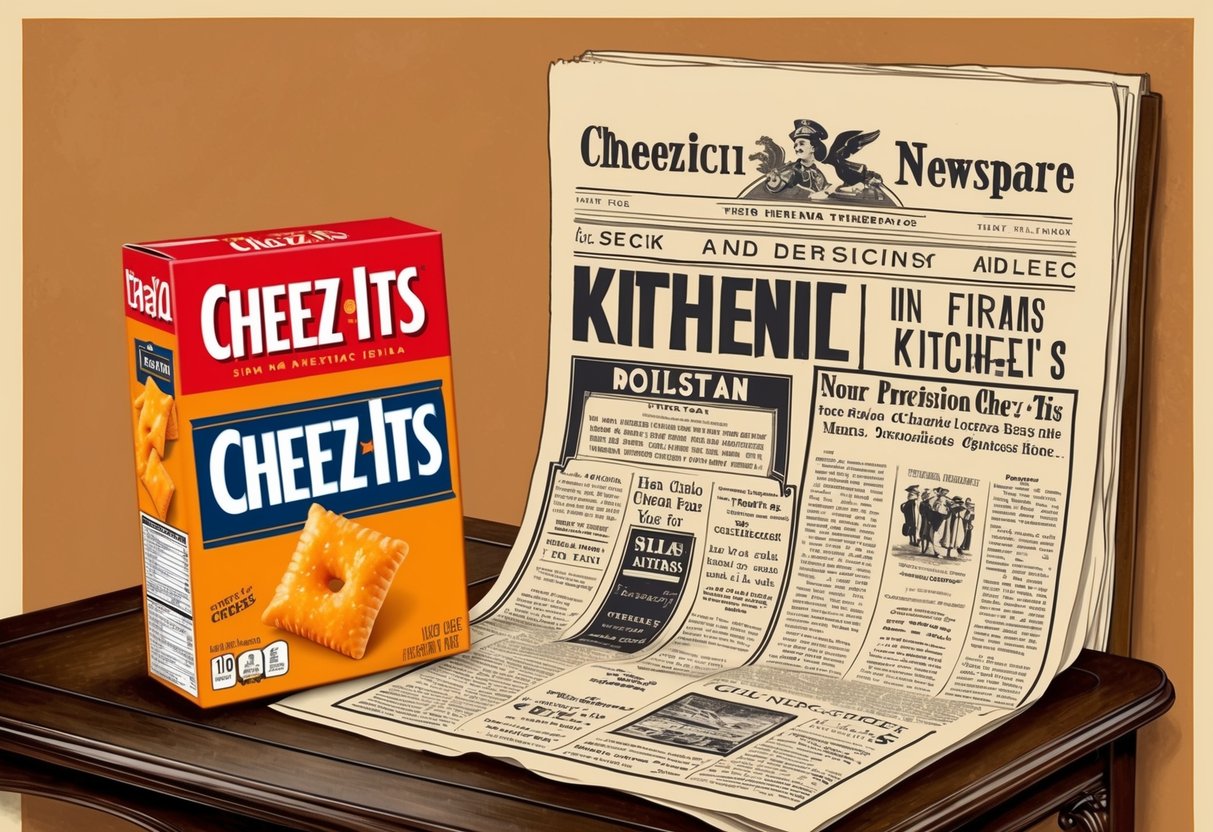 A vintage kitchen table with a box of Cheez-Its next to a 1920s newspaper headline