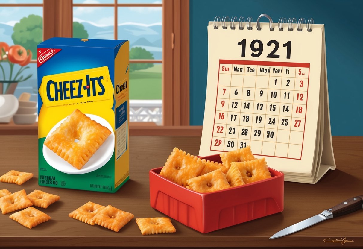 A kitchen table with a box of Cheez-Its next to a vintage calendar showing the year 1921