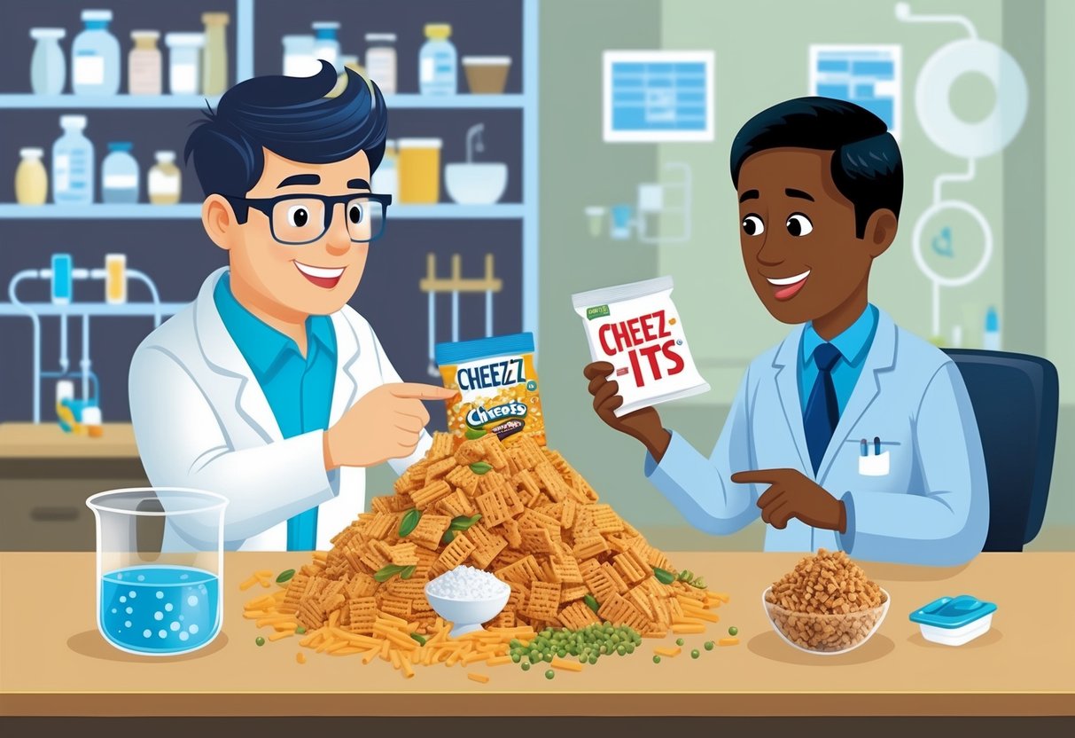 A scientist in a lab examining a pile of ingredients, while a health expert looks on, both discussing the invention of Cheez-Its