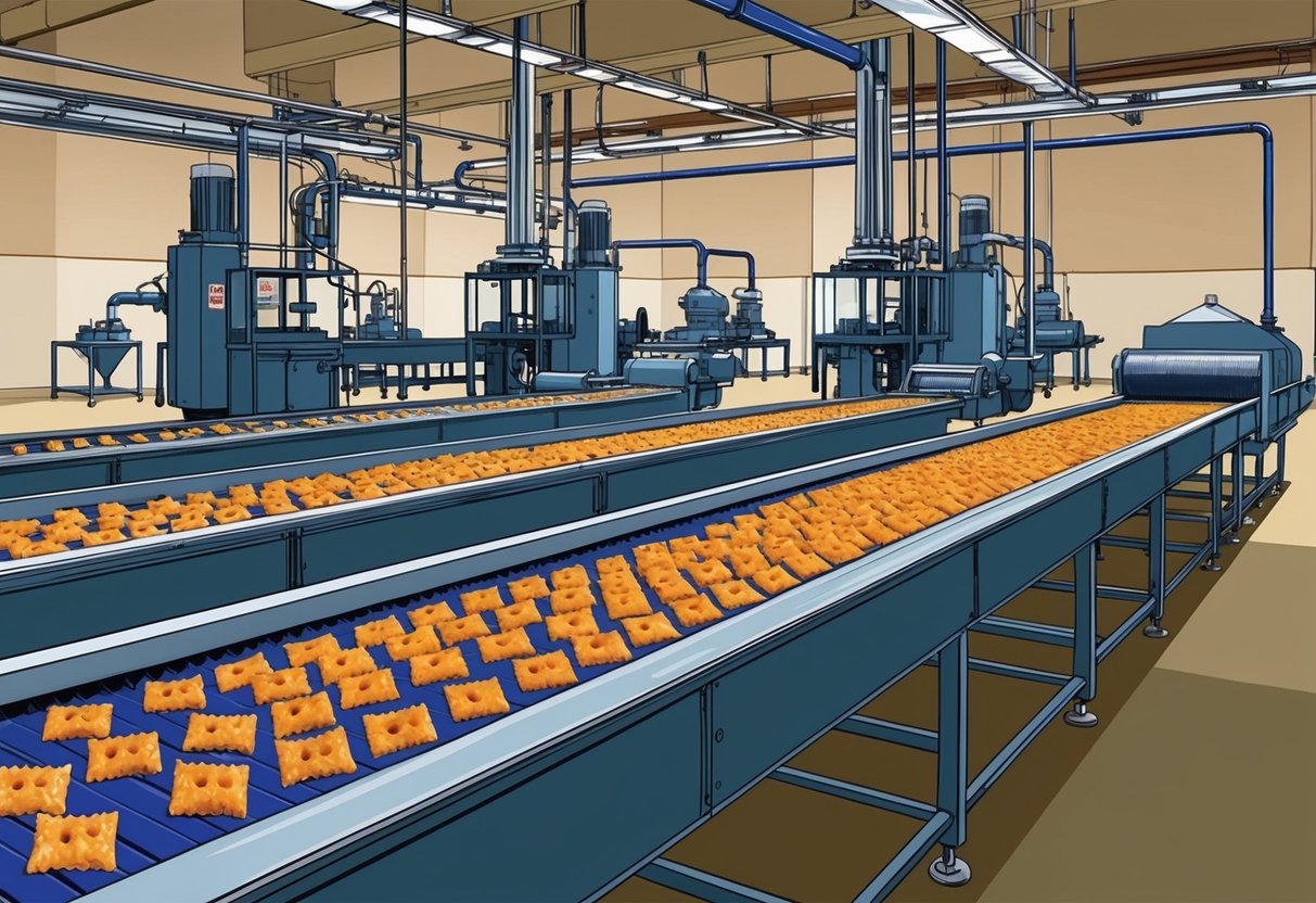 A factory floor with conveyor belts and machinery producing Cheez-Its