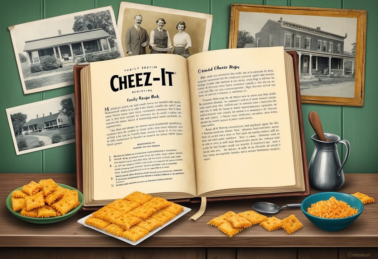 A vintage kitchen with a family recipe book open to a page with the original Cheez-It recipe, surrounded by old photographs and memorabilia from the region