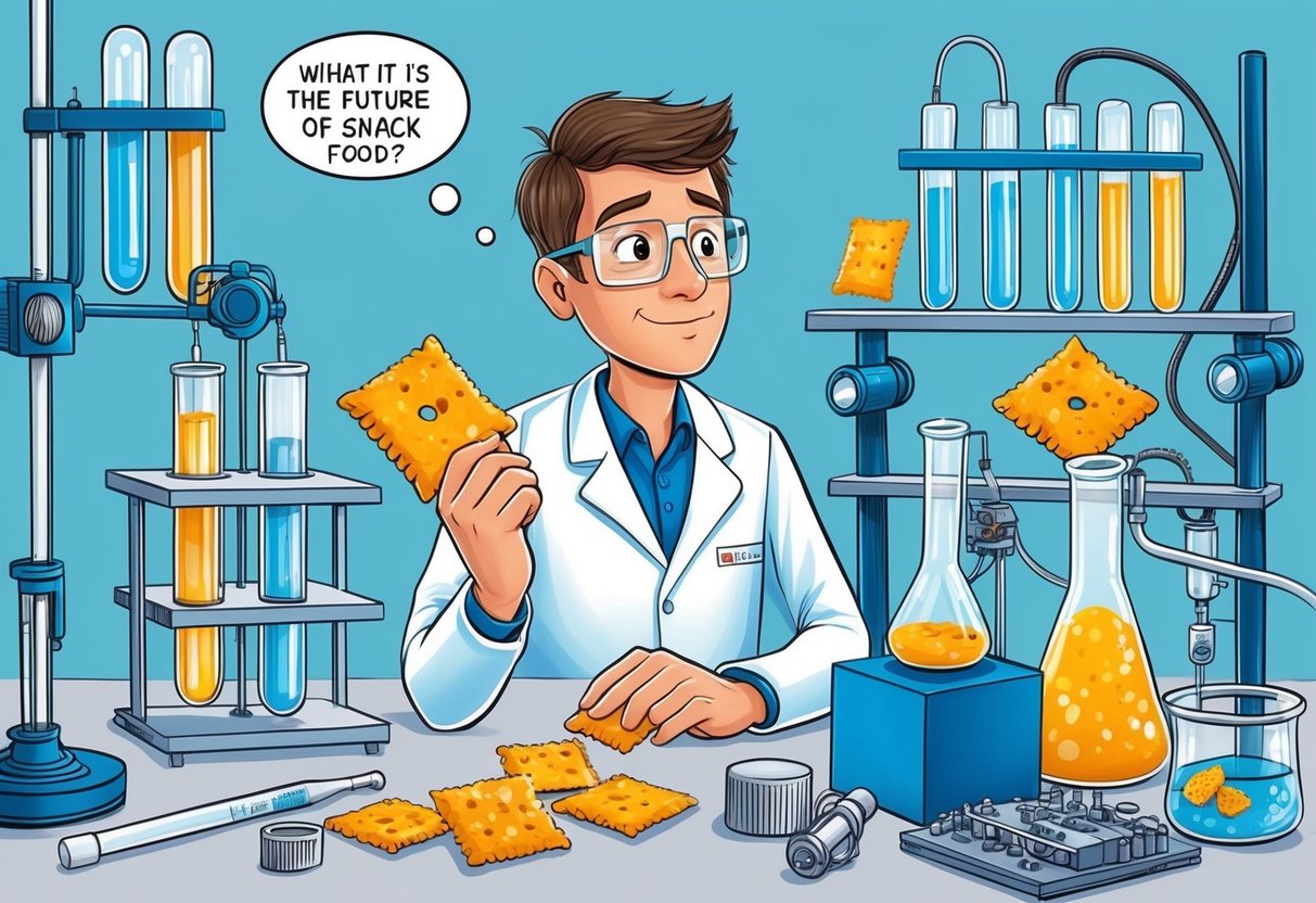 A scientist in a lab, surrounded by test tubes and equipment, pondering the future of snack food while holding a Cheez-It