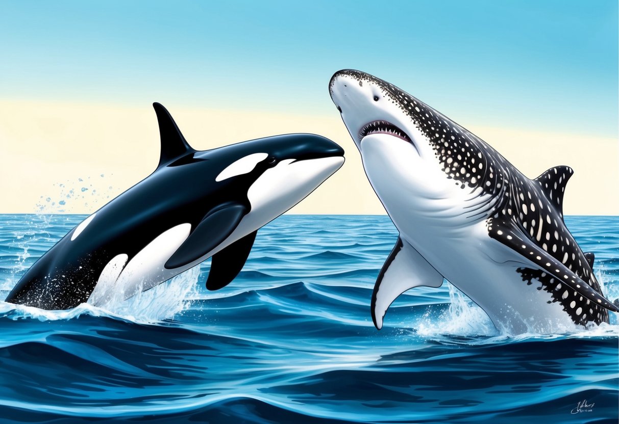 An orca and a whale shark swim side by side in the open ocean, their contrasting sizes and patterns highlighting their different social structures and behaviors