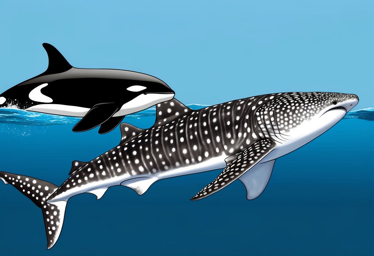 An orca and a whale shark swim side by side, showcasing their differences in size and appearance.</p><p>The orca's sleek black and white body contrasts with the massive, spotted form of the whale shark