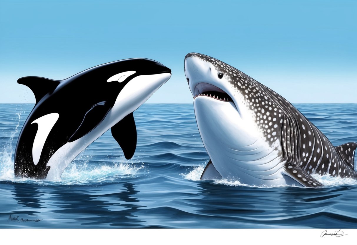 An orca and a whale shark face off in the open ocean, their massive bodies moving gracefully through the water