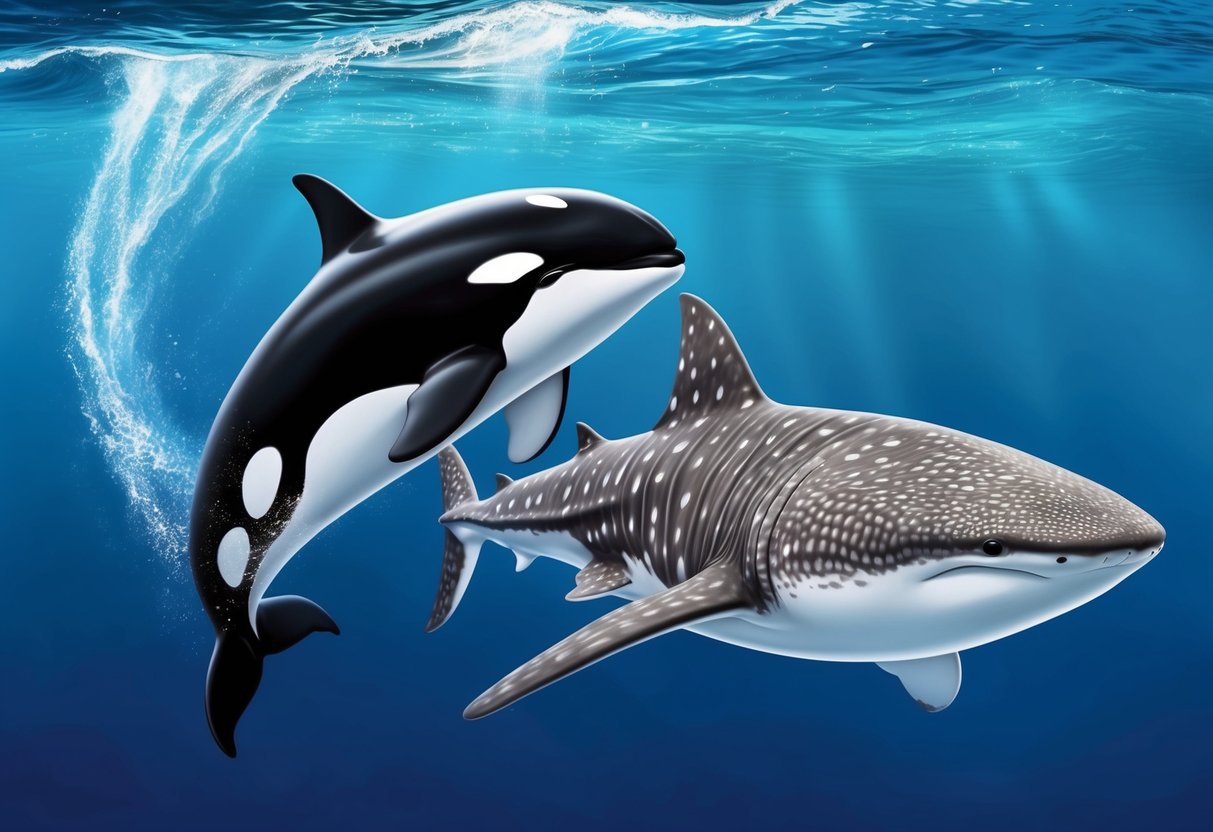 An orca and a whale shark swim together, their sleek bodies gliding through the water as they encounter each other in the vast ocean