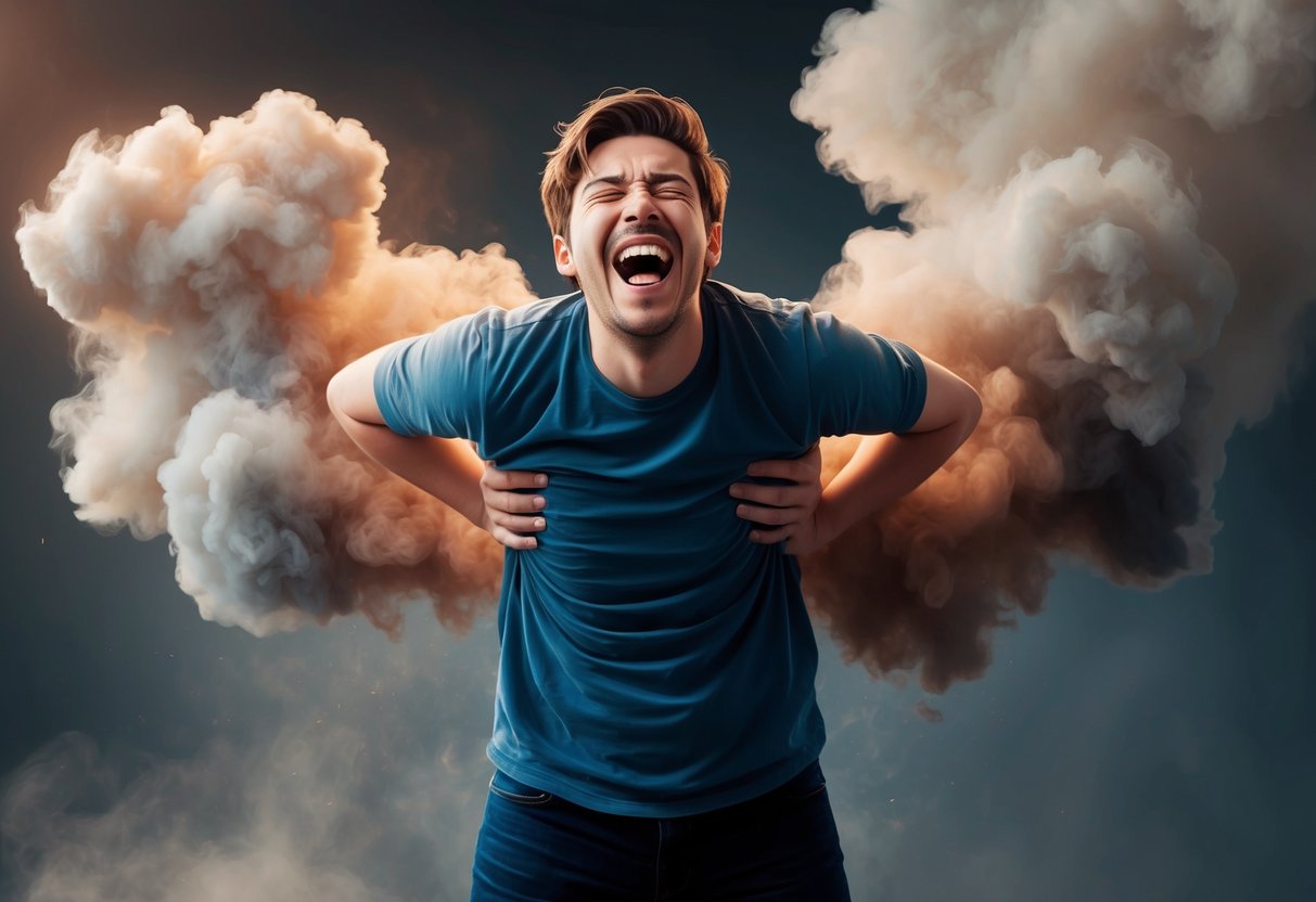 A person laughing uncontrollably, holding their stomach, while surrounded by clouds of smoke and dust