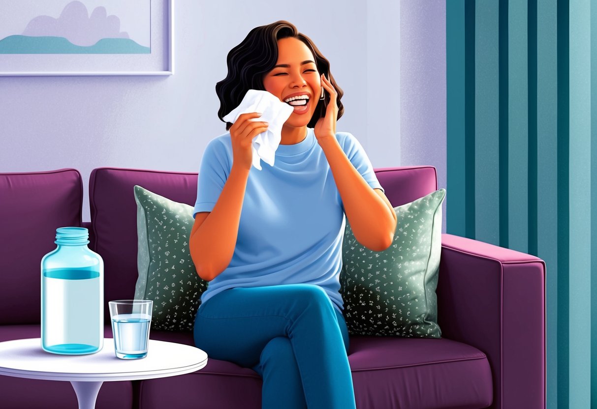 A person sitting on a couch, laughing while holding a tissue.</p><p>A medicine bottle and a glass of water on the table