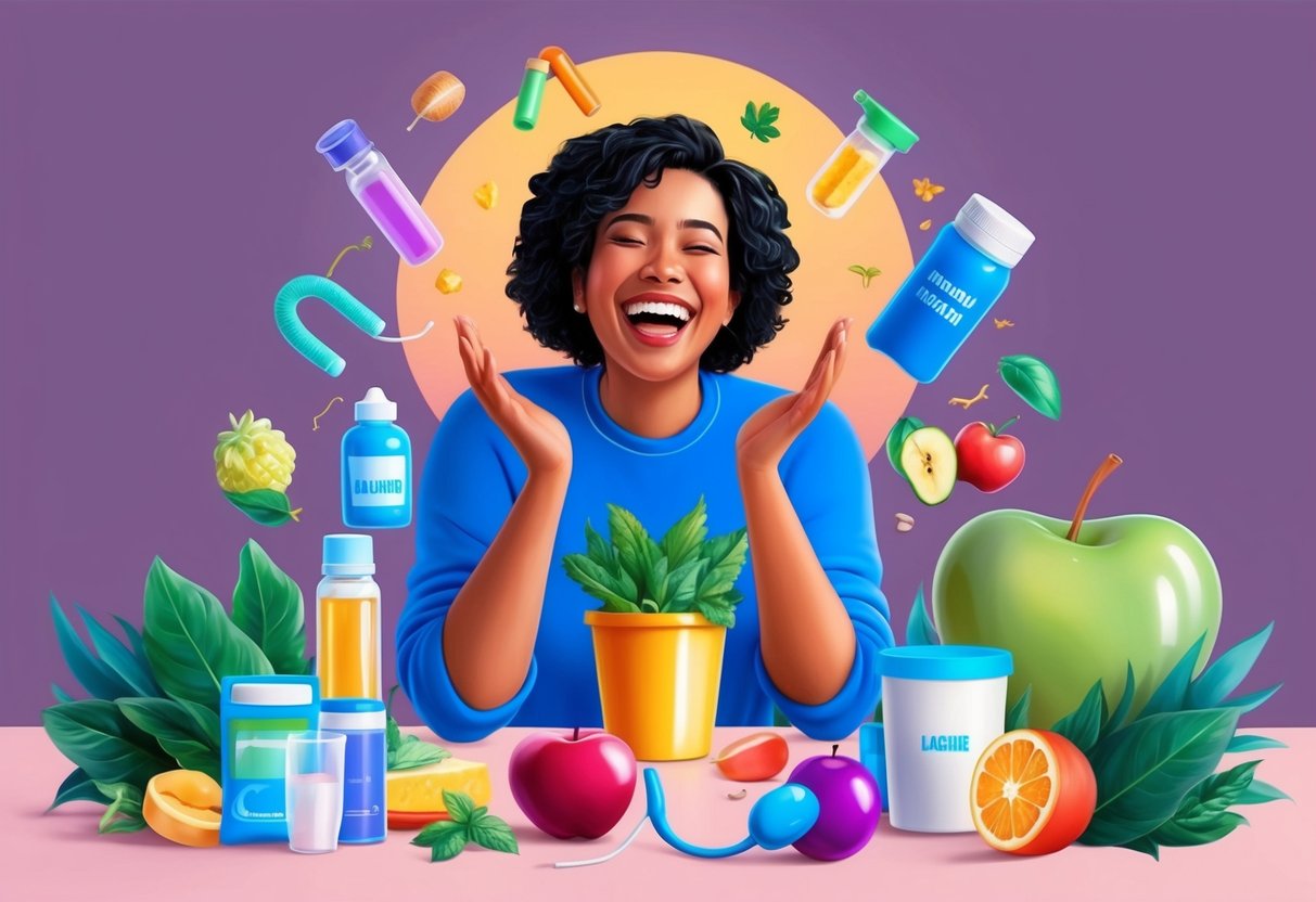 A person laughing while surrounded by various preventive measures and healthy lifestyle items