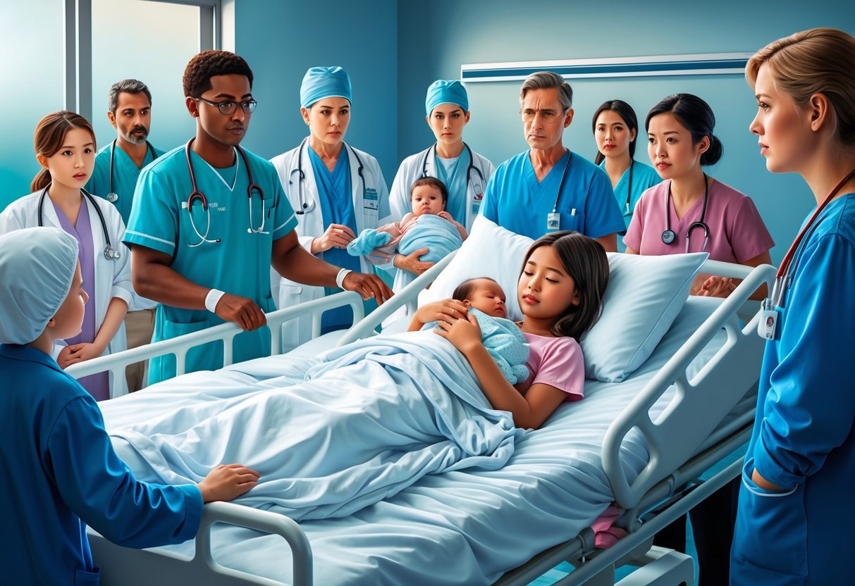 A young girl lies in a hospital bed, surrounded by medical staff and concerned onlookers, as she cradles her newborn baby