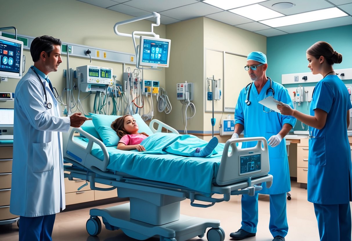 A hospital room with medical equipment and a young girl lying on a bed surrounded by doctors and nurses