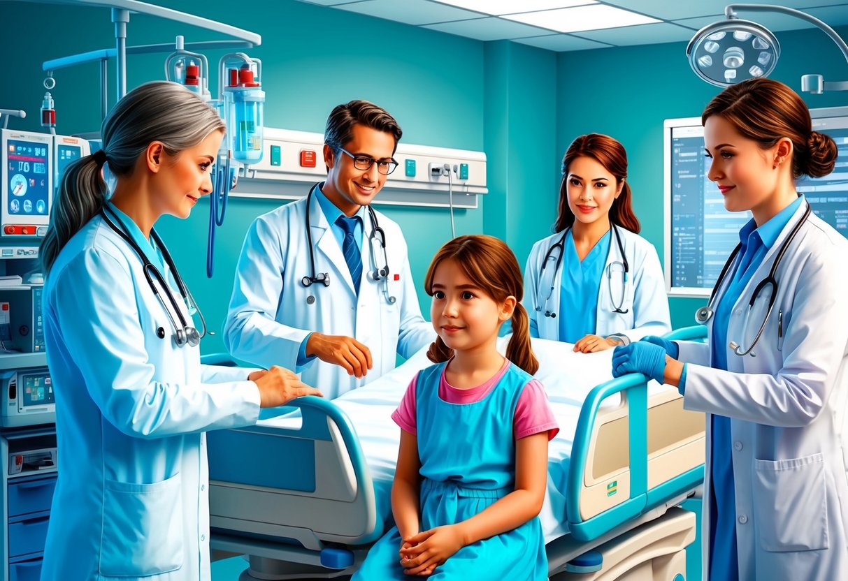 A hospital room with medical equipment and a young girl surrounded by doctors and nurses