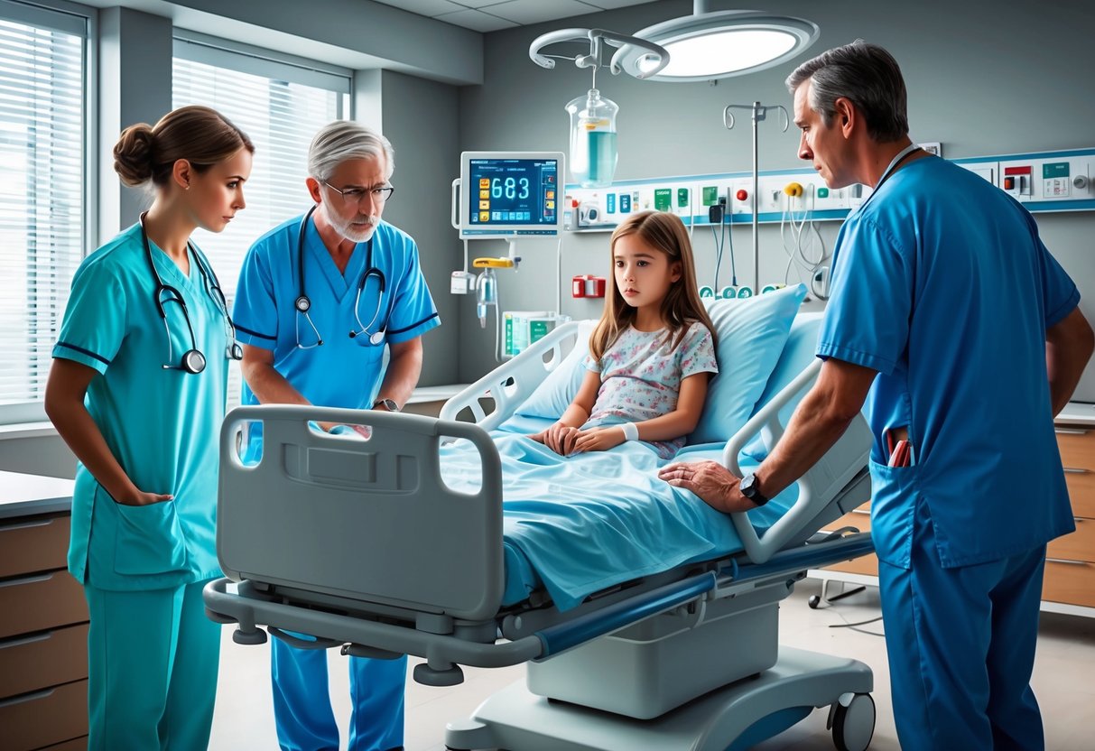 A hospital room with medical equipment and a young girl surrounded by concerned doctors and nurses