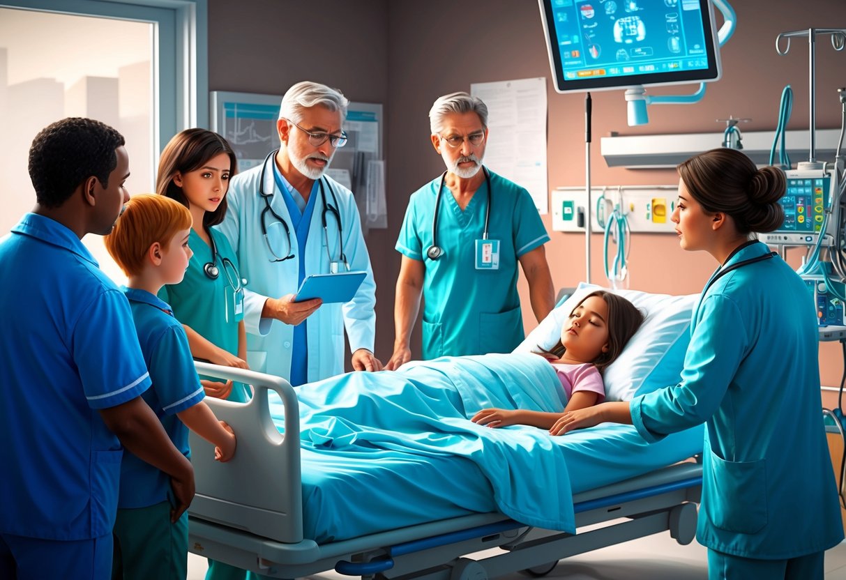 A hospital room with medical equipment and a young girl lying in a bed, surrounded by concerned medical staff and family members