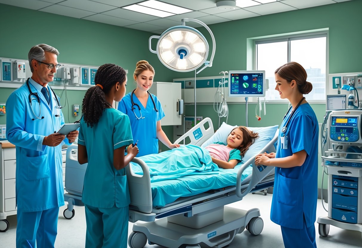 A hospital room with medical equipment and a young girl lying on a bed, surrounded by doctors and nurses