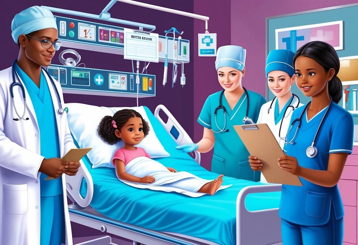 A hospital bed with medical equipment, a young girl surrounded by doctors and nurses, and a birth certificate on a clipboard