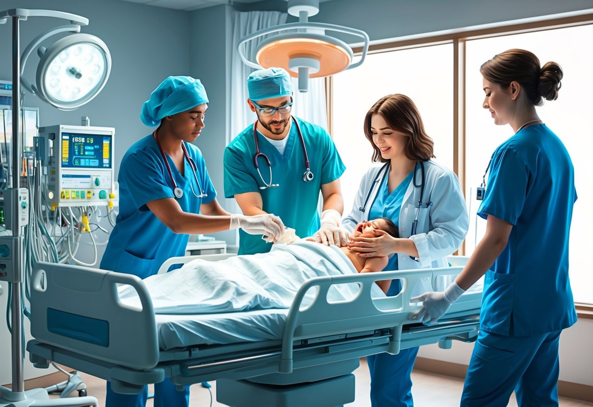 A hospital room with medical equipment and healthcare professionals assisting a young mother who has just given birth