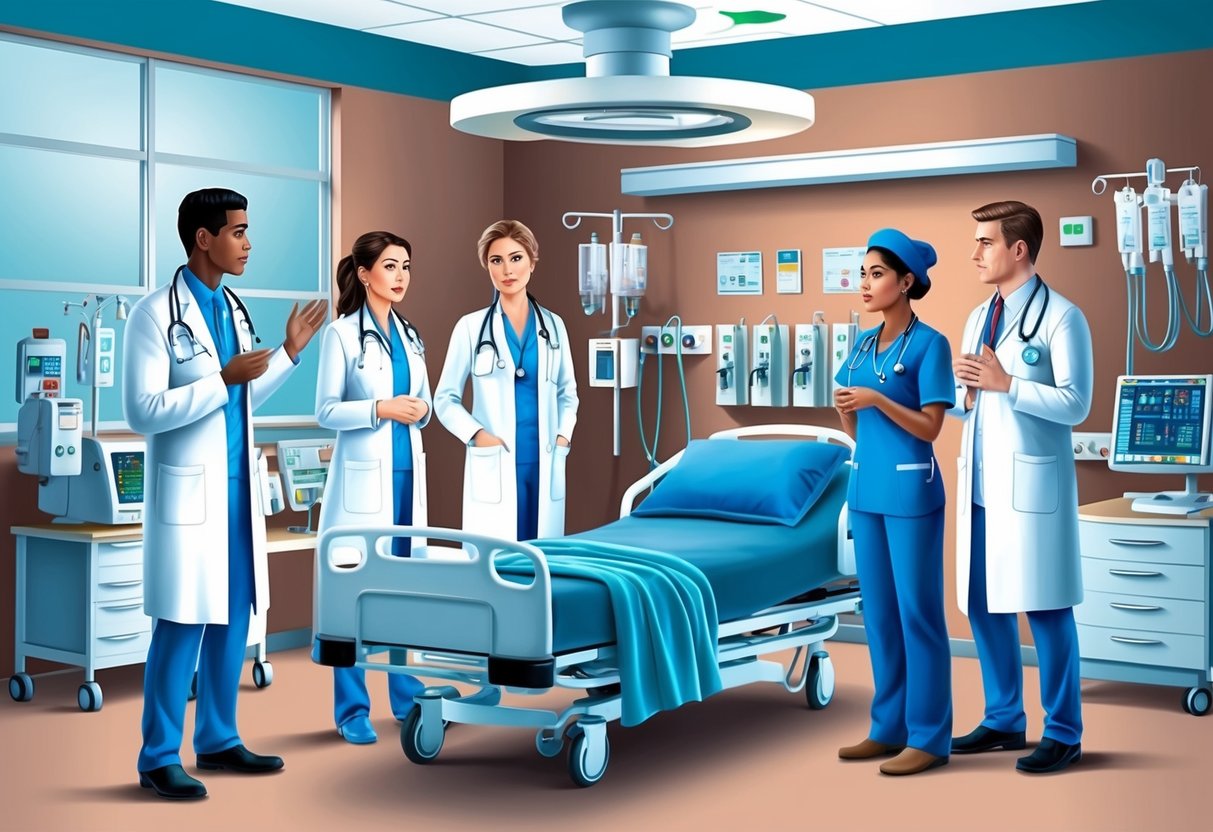 A hospital room with medical equipment and a bed, surrounded by concerned doctors and nurses in conversation