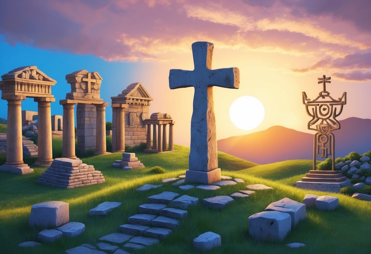 A stone cross stands on a hill, surrounded by ancient ruins and symbols of different cultures.</p><p>The sun sets behind it, casting a warm glow over the scene