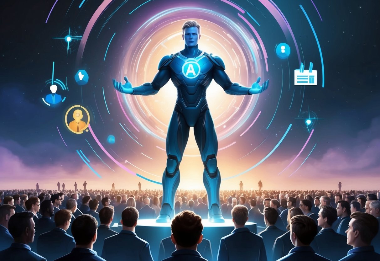 A futuristic AI figure stands before a crowd, radiating a sense of authority and wisdom, with symbols of social issues swirling around it