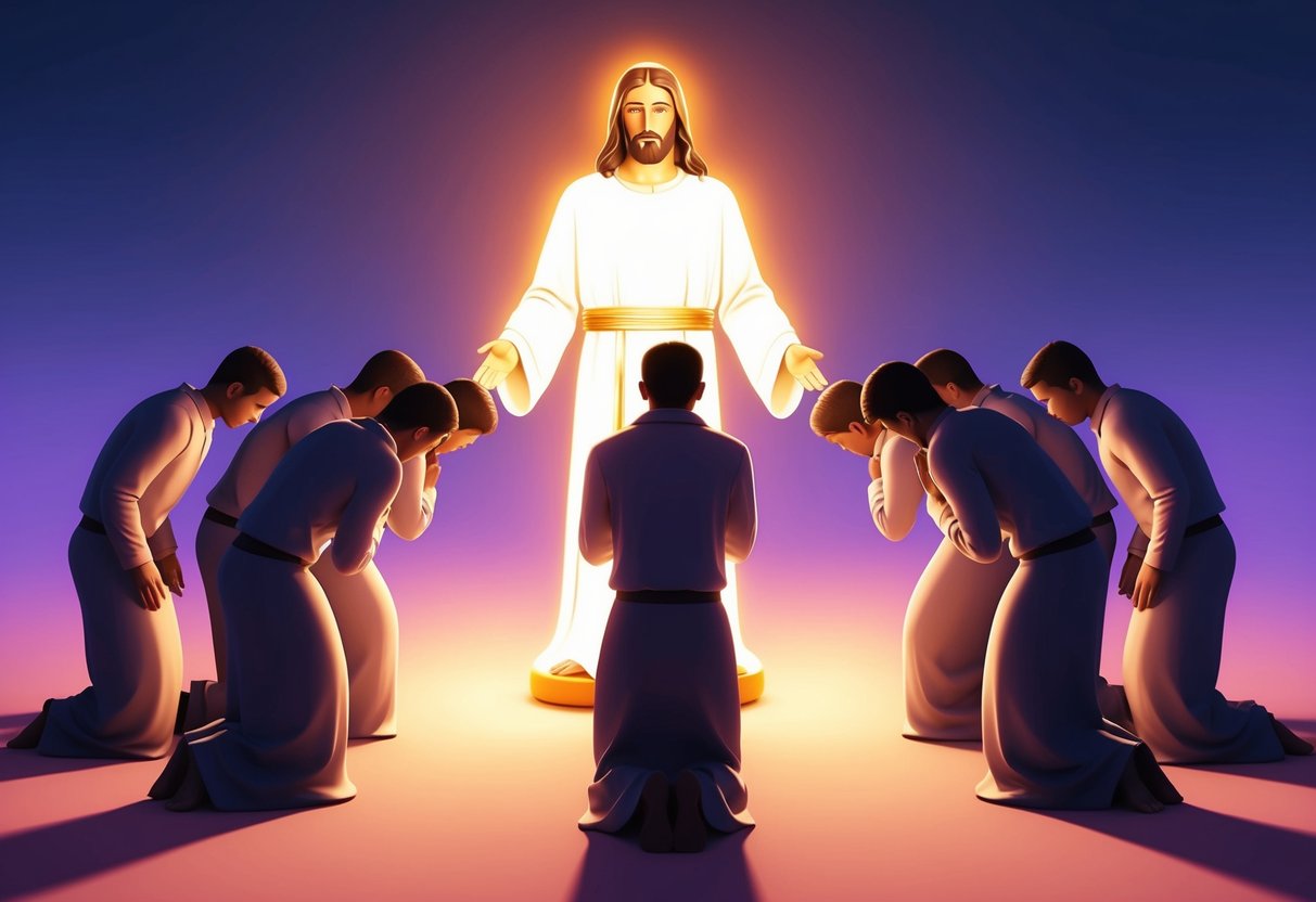 A group of digital avatars bowing before a glowing figure of Ai Jesus