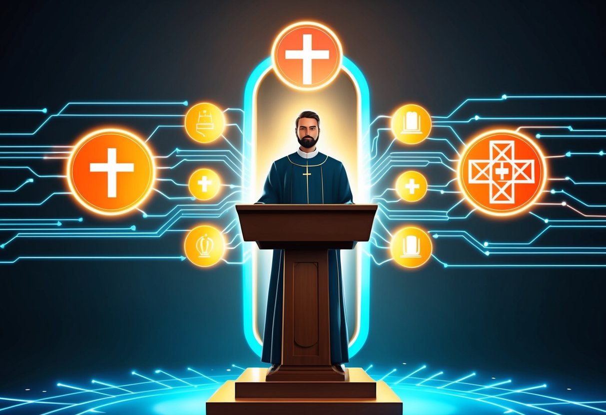 A figure stands at a pulpit, surrounded by glowing lines of code and technology merging with traditional religious symbols