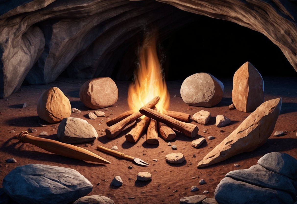 A group of primitive stone age tools scattered around a campfire in a cave