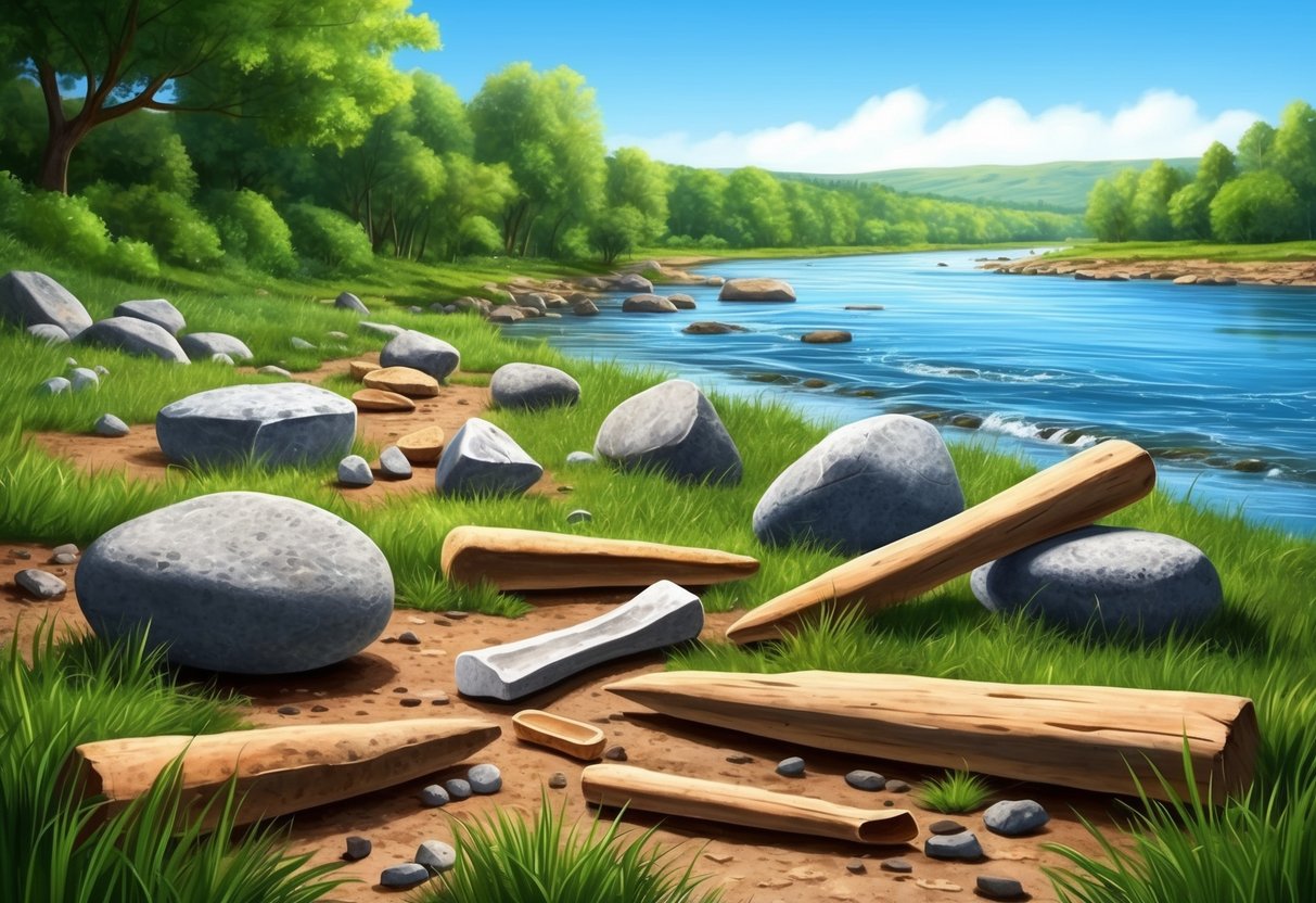 Stone age tools scattered on the ground near a riverbank, with a backdrop of lush greenery and a clear blue sky