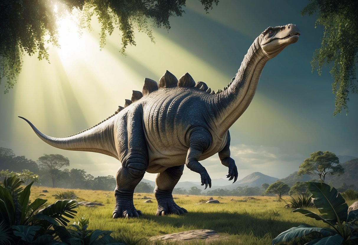 An ankylosaurus stands in a prehistoric landscape, its armored body and tail raised in a defensive posture.</p><p>Sunlight filters through the dense foliage above