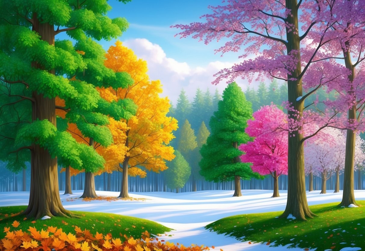 Lush green trees and foliage in a temperate forest with vibrant autumn leaves on the ground, a blanket of snow covering the landscape, and colorful blossoms in spring