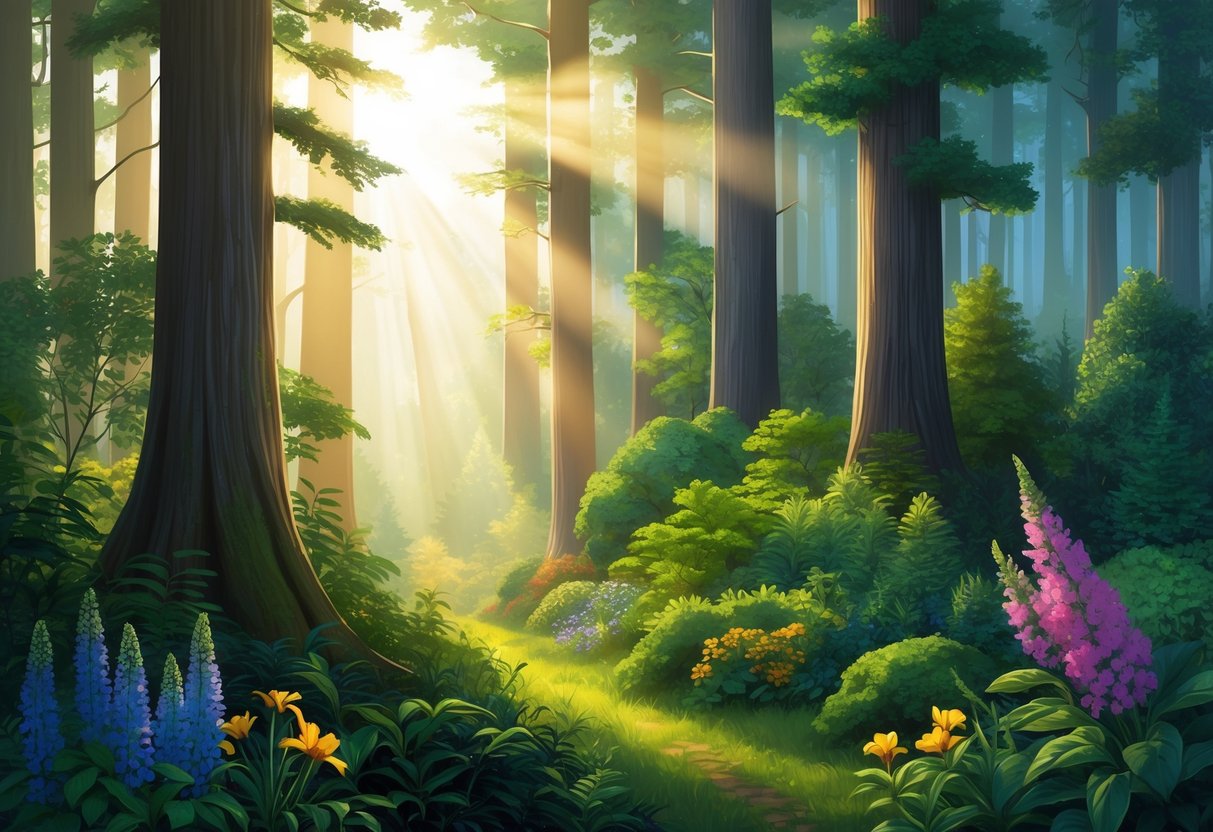 Sunlight filters through a lush, diverse temperate forest, illuminating a variety of flora including tall trees, colorful flowers, and dense underbrush