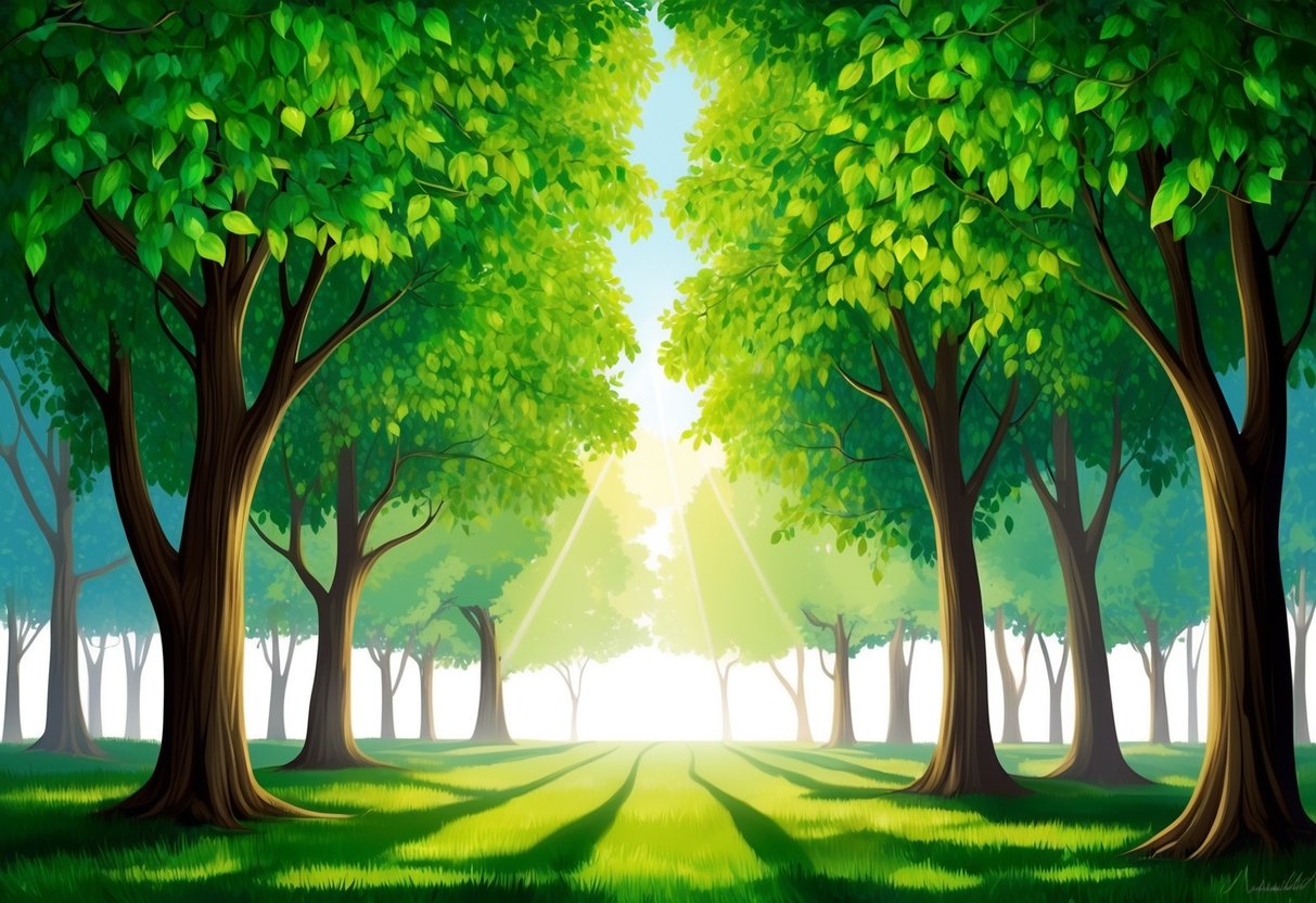 Lush green trees form a dense canopy in a temperate forest, with sunlight filtering through the leaves onto the forest floor