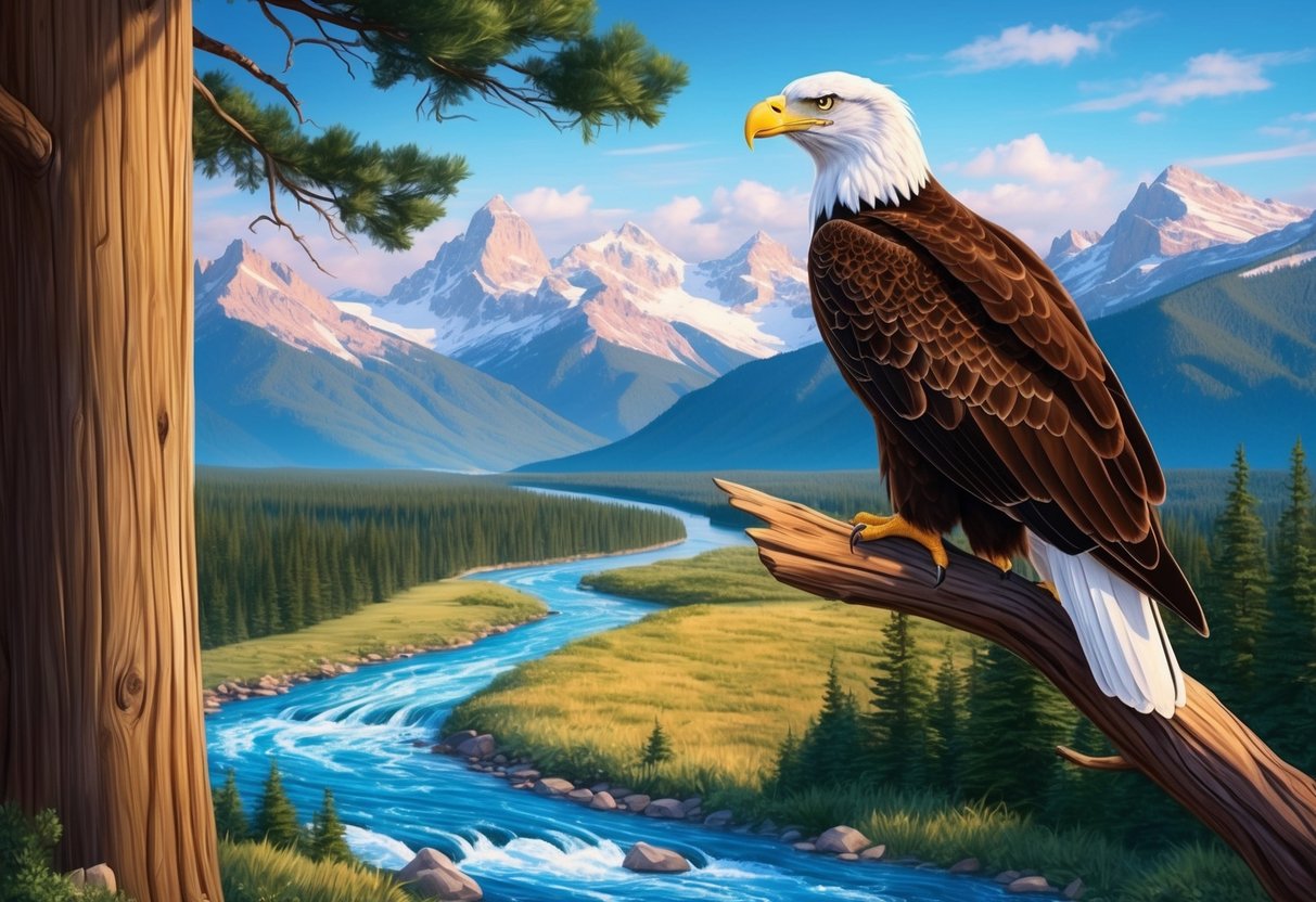 A bald eagle perched on a tall tree overlooking a vast, mountainous landscape with a flowing river below