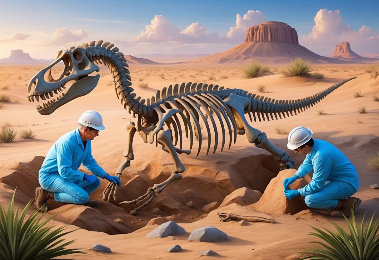 An ankylosaurus skeleton being carefully excavated by scientists in a desert landscape