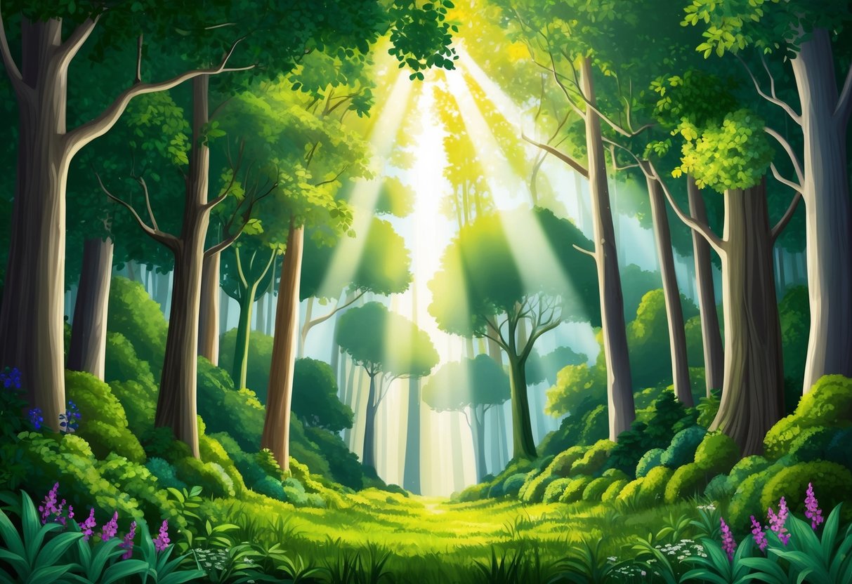 Sunlight filters through the dense canopy, illuminating a lush forest floor.</p><p>Trees of various heights and shades of green stretch towards the sky, surrounded by an array of plants and flowers