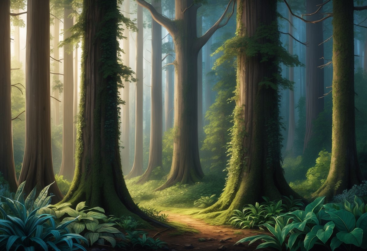 A lush temperate forest with towering trees, dappled sunlight, and a variety of plant life covering the forest floor