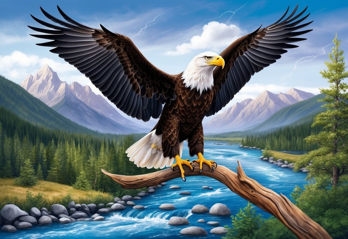 A majestic bald eagle perched on a tree branch, with its wings spread wide and a backdrop of mountains and a flowing river