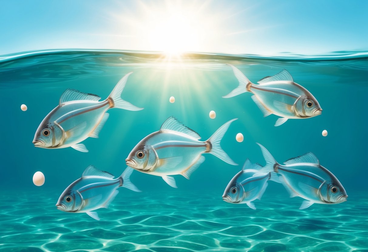 A group of transparent fish swimming in a clear, sunlit body of water, with tiny eggs visible floating near the surface